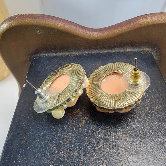 Peach Rose Stud Earrings with Pearl Border, Vintage Floral Statement Jewelry - Picture 8 of 10